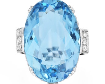 Vintage GIA Ocean Blue 16.83 Carat Aquamarine Diamond 18k Gold Cocktail Ring