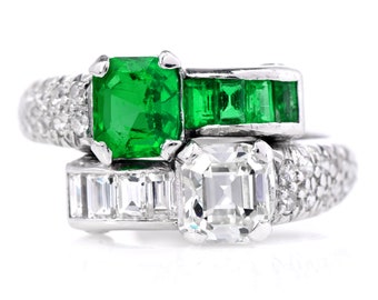Vintage Diamant GIA Smaragd Platinum Bypass Toi Et Moi Ring