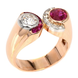 Vintage Retro Diamond Ruby 18K Rose Gold French Made Bypass Cocktail Ring