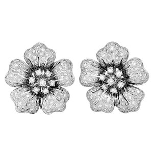 Estate Diamond Flower Earrings – 3.15ct in 18K White Gold, Clip-On with Posts, Sparkling Tropical Design
