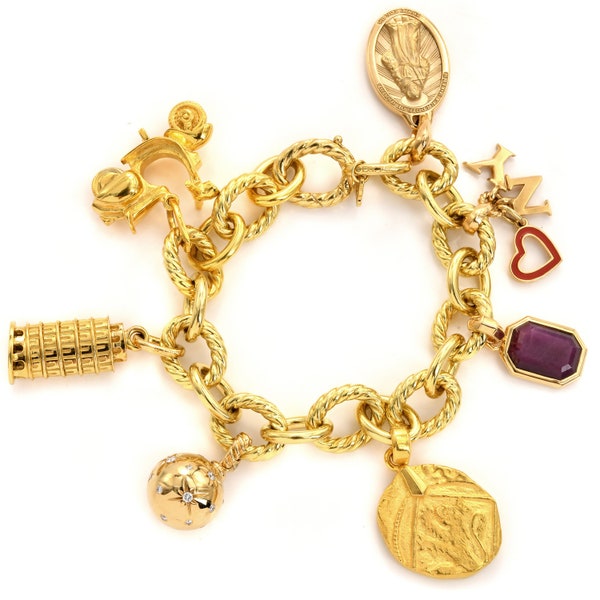 David Yurman Italian Diamond Ruby 18K Yellow Gold Link Charm Bracelet