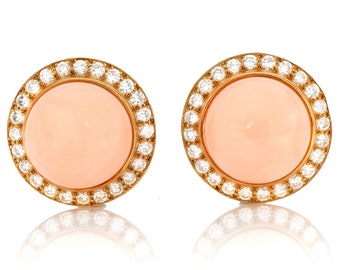 Lilli Designer Retro Vintage Diamond Pink Coral 18K Gold Round Clip On Earrings