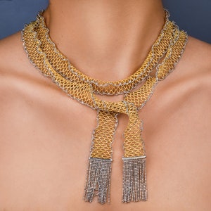 Long Mirror Beads Mesh Wrap Around Scarf Italian 18K Gold Necklace