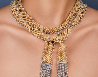 Long Mirror Beads Mesh Wrap Around Scarf Italian 18K Gold Necklace