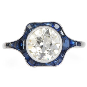 Vintage Deco Inspired Diamond 2.20cts Sapphire Platinum Halo Engagement Ring