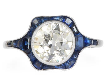 Vintage Deco Inspired Diamond 2.20cts Sapphire Platinum Halo Engagement Ring