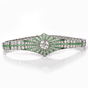 Vintage Art Deco Diamond Emerald Platinum Starburst Bracelet