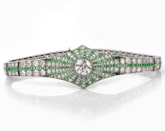 Vintage Art Deco Diamond Emerald Platinum Starburst Bracelet