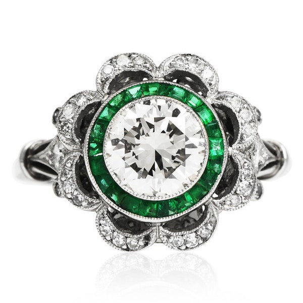 Art Deco Style Diamond Emerald Floral Platinum Engagement Ring