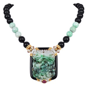 Vintage Jadeite Onyx 18K Gold Beaded Large Brooch Pendant Necklace