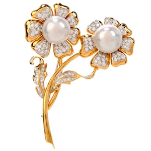 Estate Diamond Pearl 18K Gold Double Flower Pin Brooch