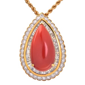 GIA Coral Diamond 18K Gold Pear Halo Pendant