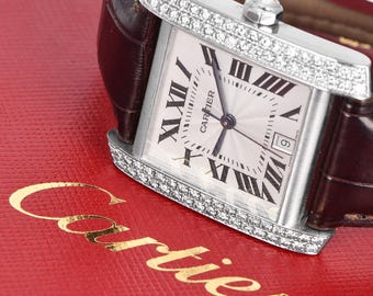 Estate Cartier Tank Française Ref 2366 – Relógio masculino em ouro branco 18K com diamantes, pulseira de couro, caixa e documentos