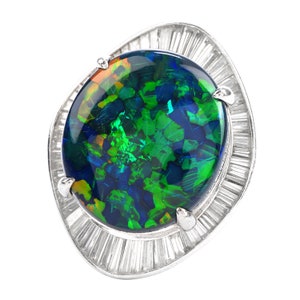 1980s GIA Large Black Opal Diamond Platinum Cocktail Ballerina Ring image 1