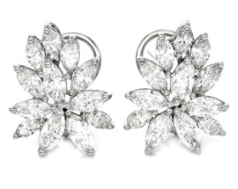 Estate 5.70ct Marquise Cut Diamond Platinum Flower Cluster Clip On Earrings