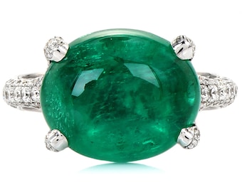 Cabochon Emerald Diamond 18K White Gold Cluster Cocktail Ring