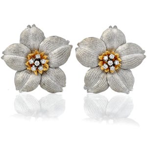 Estate Buccellati Diamond Large Flower 18K Two-Tone Clip-On Statement Earrings
