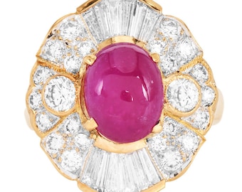 Estate Cabochon Ruby 6.52cts Diamond 18K Gold Cocktail Ring