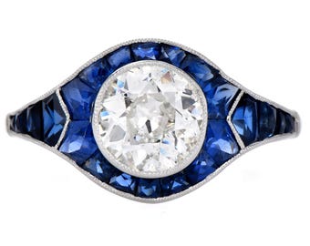 Deco Old Cut Diamond 2.47cttw Sapphire Platinum Halo Engagement Ring