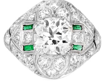 Vintage alte europäische Diamant 2.66cts Smaragd Platin filigraner Ring