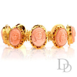 Vintage Carved Coral Cameo 18K Gold Link Bracelet