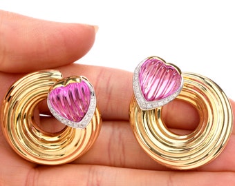 Pink Tourmaline Diamond 18K Yellow Gold Heart Swirl Italian Clip On Earrings, 43.7 Grams