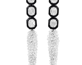 18K Gold 29.45cts Diamond Briolette Drop Onyx Statement Earrings