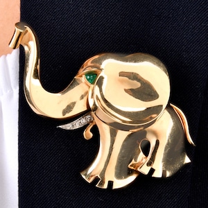Vintage Mauboussin Happy Elephant Diamond Emerald 14K Gold Pin