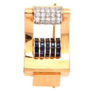 Vintage 1950s Pave Diamond & Blue Sapphire 18K Yellow Gold Buckle Brooch Pin