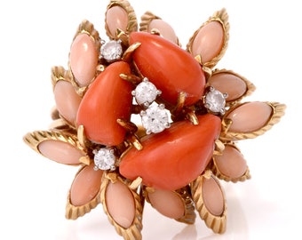 Vintage Multi-Color Coral Diamond Gold Cocktail Cluster Ring