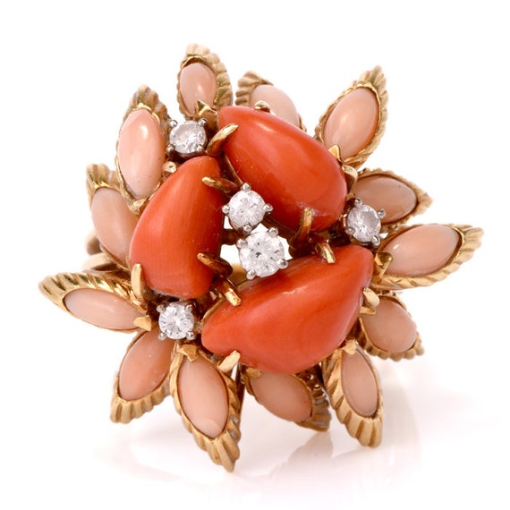 Vintage Multi-Color Coral Diamond Gold Cocktail C… - image 1