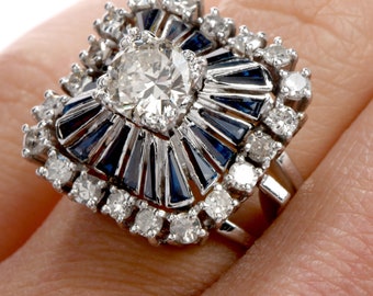 Vintage Diamond Sapphire Square Pinwheel Platinum Cocktail Ring