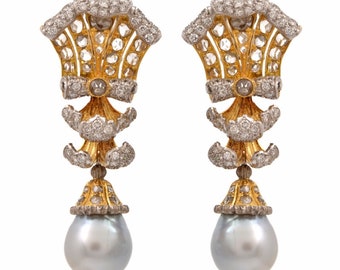 Buccellati Vintage Diamond Pearl 18k Gold Drop Earrings