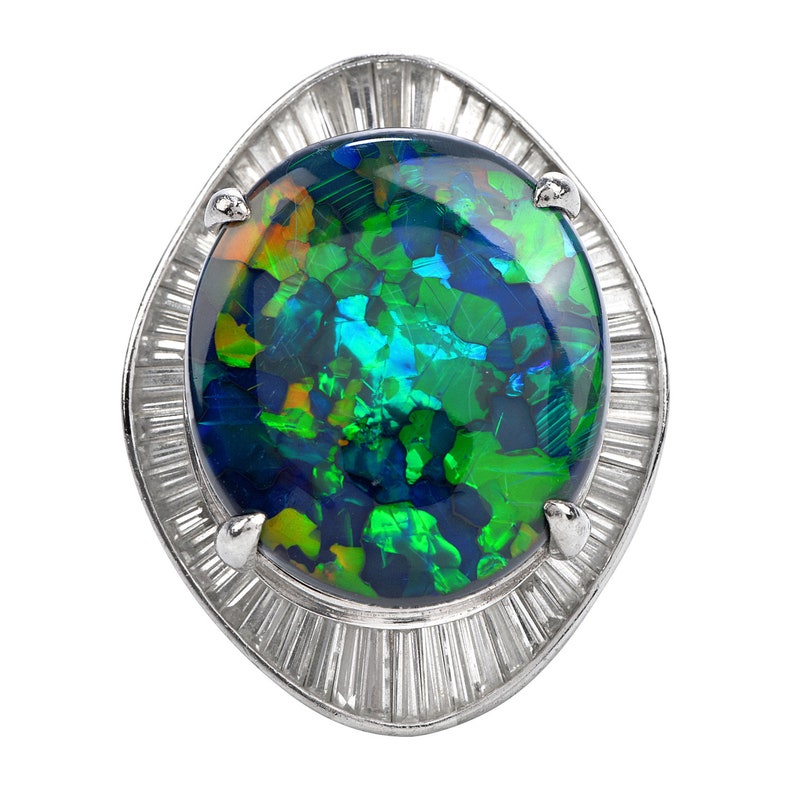 1980s GIA Large Black Opal Diamond Platinum Cocktail Ballerina Ring image 4