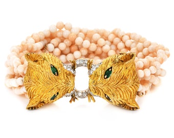 Vintage Retro Emerald Diamond Pink Coral 18K Gold Bypass Tiger Face Beaded Bracelet