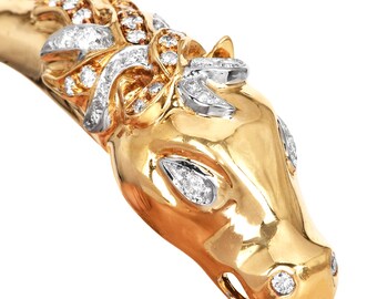 18K Gold Horse Bangle: Diamond Mane, Equestrian Bracelet for 6.75" Wrist