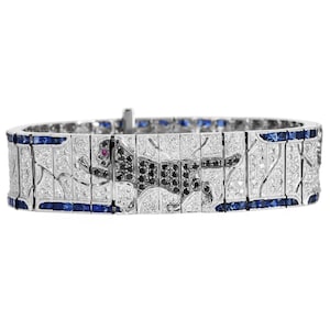 Glamorous Diamond Sapphire 18K White Gold Panther Mosaic Wrap Bracelet