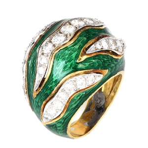 Vintage Retro Diamond Green Enamel 18K Gold Channeled Dome Cocktail Ring