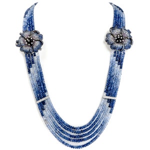 Diamond Sapphire 18K Gold Flower Multistrand Ombre Necklace and double Brooch