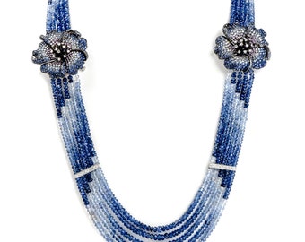 Diamond Sapphire 18K Gold Flower Multistrand Ombre Necklace and double Brooch