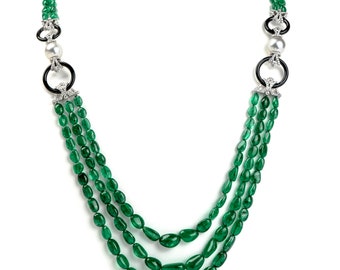 Diamond Emerald Pearl & Onyx 18K Gold Multistrand Bead Necklace