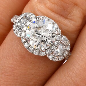 GIA 1.72ct Round Diamond 18K Gold 3 Stone Halo Engagement Ring