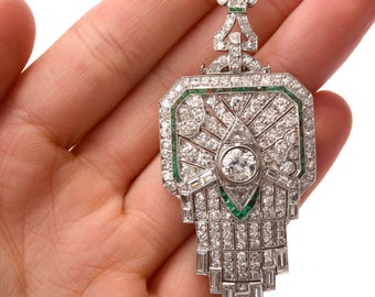 Antique Art Deco Diamond Emerald Platinum Fleur De Lis Brooch Pendant