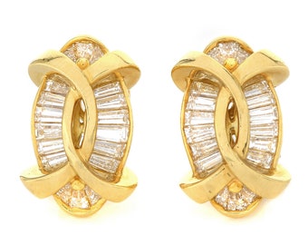 Kurt Wayne Diamond 18K Yellow Gold Bypass Oval Clip On Earrings