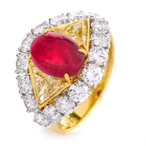 Estate Fancy Diamond 6.45cts GIA Ruby 18K Gold Cabochon Cocktail Ring