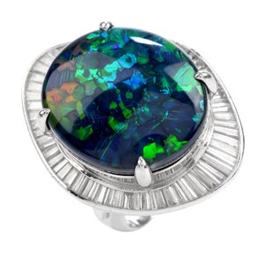 1980s GIA Large Black Opal Diamond Platinum Cocktail Ballerina Ring image 7