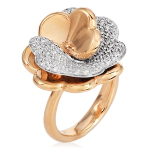 Italian Diamond Flower Ring – 18K Yellow & White Gold, 1.00ct Pavé Diamonds, Sizable 6.25, Estate Luxury