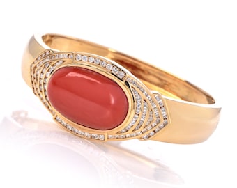 GIA Red Coral Diamond 18K Gold Statement Cuff Bracelet