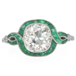 Vintage Deco Style Diamond 2.78carats Emerald Platinum Halo Engagement Ring