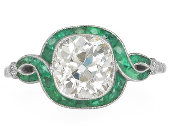 Vintage Deco Style Diamond 2.78carats Emerald Platinum Halo Engagement Ring